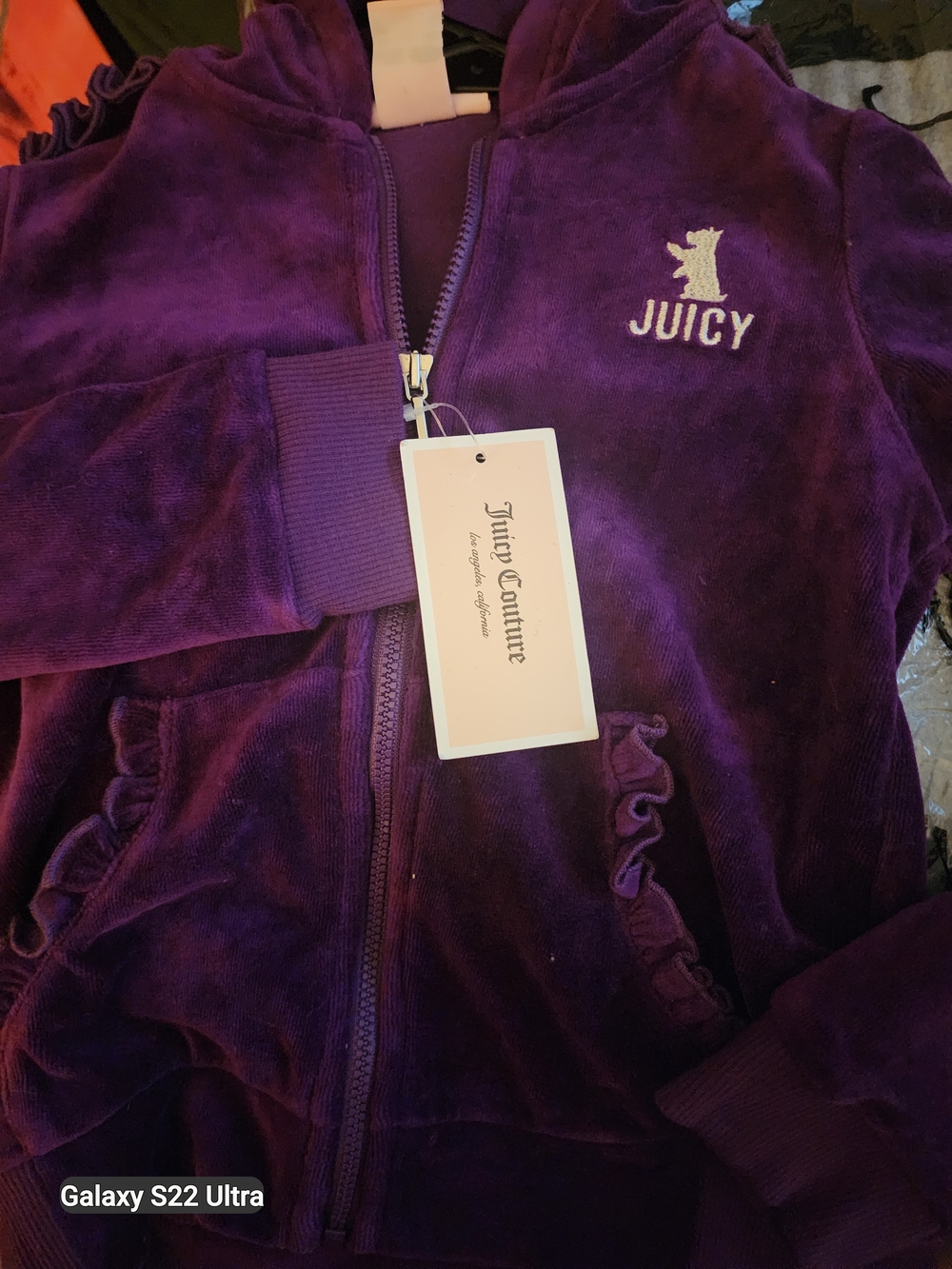 Juicy Couture BNWT SZ 6 Month Purple Velour ZIPPERED  Hoodie W/ Ruffled Pockets